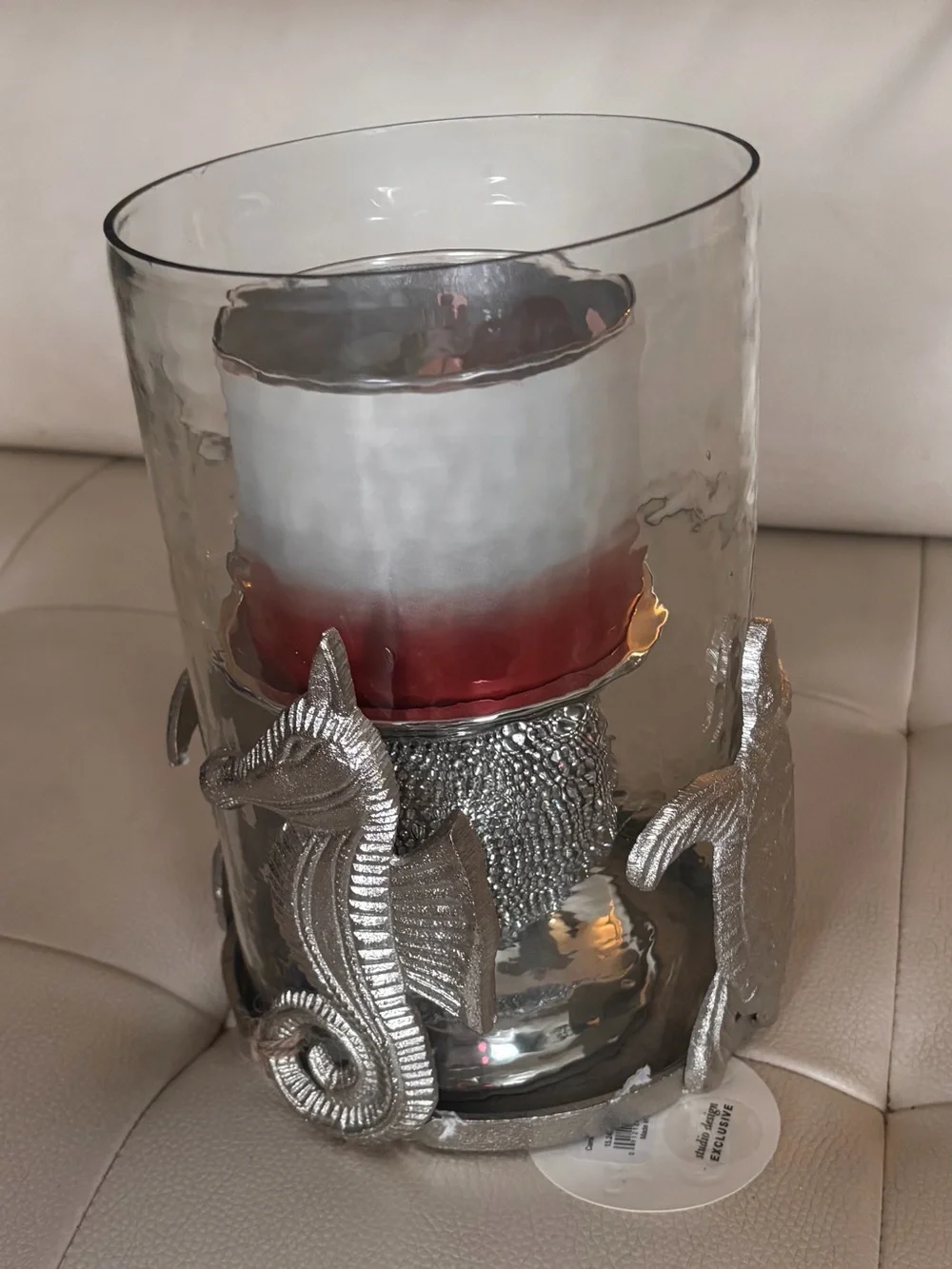 Seahorse Glass Hurricane Candle Holder with Red and White Accent